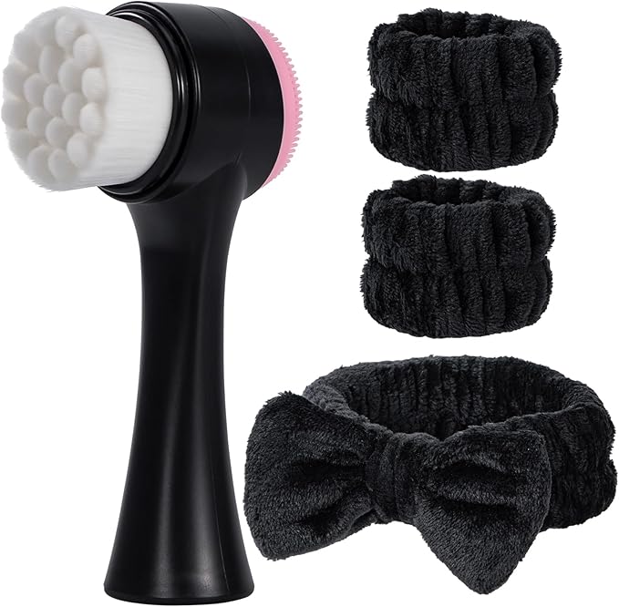 Facial Cleansing Brush 2 in 1, Silicone Face Scrubber Dual Face Brush for Deep Pore Cleansing and Exfoliating, Skincare Headband and Wristbands Set for Washing Face, Massaging Spa Makeup,Black