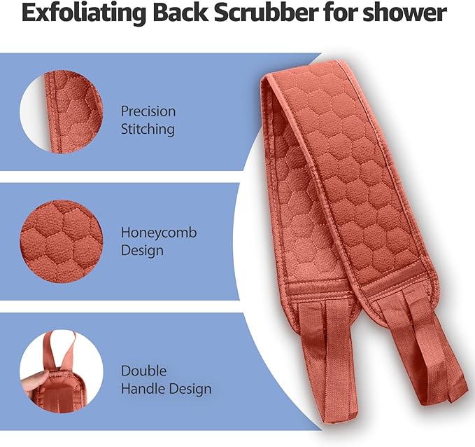 Back Scrubber for Shower with Handles, 40 Inch Extra Long Double-Sided Exfoliating Bath Strap, Textured Body Washer with Extended Reach for Deep Cleaning (Red)