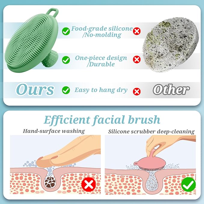 Silicone Back/Body/Face Scrubber & Soft Bath Glove Set 4PCS, Gentle Exfoliating Back & Body Scrubber with Dual-Side Brush Head, Hand-fit Bath Glove & Face Scrubber for Deep Cleaning(Green-4PC)