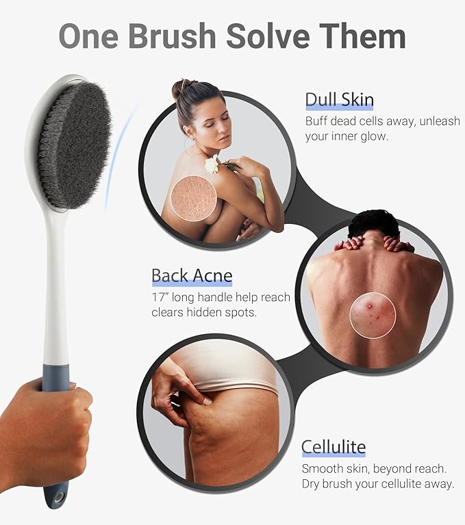 surlees Back Brush for Shower for Men & Women 17" | Body Brush for Wet & Dry Brushing | Exfoliating Body Scrubber & Back Scrubber | Shower Brush with Long Handle (Gray, Scrub Force 6-8)