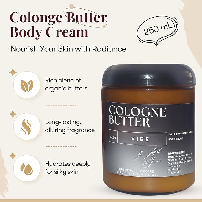 8.4 Fl. oz VIBE | Nourishing Scented Body Butter for Men & Women | Hydrating & Lasting Fragrance with Sea Breeze, Mandarin Orange, Oakmoss & Patchouli | Amber Glass Jar