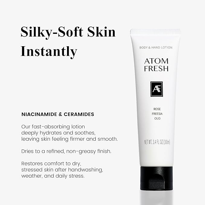 Atom Fresh Hand Cream for Women, Comfy Woody | Deep Repair Hand Lotion with Ceramides & Niacinamide | Strengthens Skin Barrier & Soothes Dry, Sensitive Hands | Fast-Absorbing, Vegan (3.4 fl oz)
