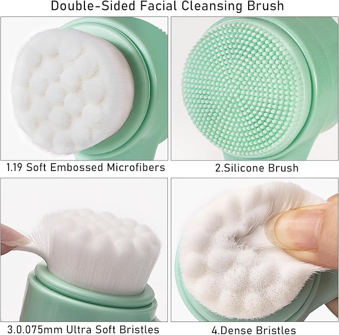 Facial Cleansing Brush 2 in 1, Silicone Face Scrubber Dual Face Brush for Deep Pore Cleansing and Exfoliating, Skincare Headband and Wristbands Set for Washing Face, Massaging Spa Makeup, Cyan