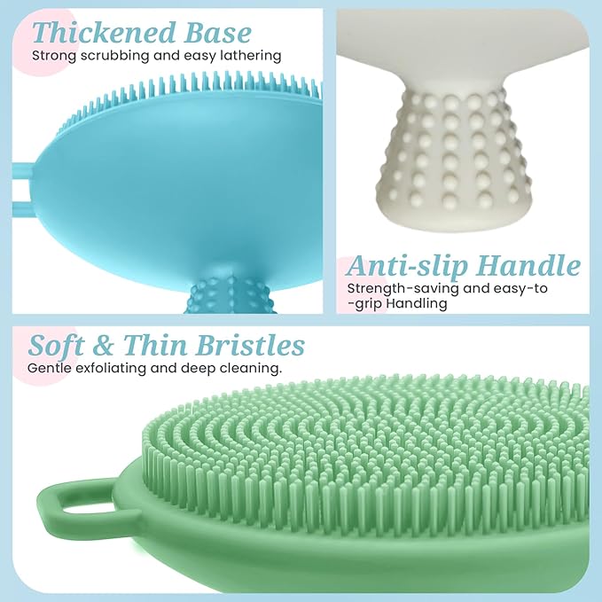 Silicone Back & Body & Face Scrubber Set 3PCS, Gentle Exfoliating Back & Body Scrubber with Dual-Side Brush Head, Hygienic Silicone Loofahs with Soft Bristle and Non-Slip Handle(Blue-3PC)