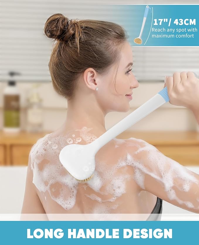 Back Scrubber for Shower with 17" Long Handle, Non-Slip Grip Dry Brushing Body Brush, Natural Boar Bristles Shower Brush for Lymphatic Drainage, for Men & Women Use - White with Blue Handle