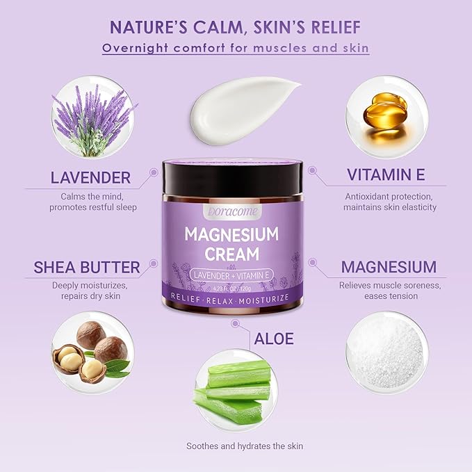 Natural Nighttime Magnesium Cream for Sleep & Pain Relief – Soothing Topical Magnesium Lotion for Leg Cramps & Muscle Relaxation, Apply to Legs or Feet Before Bed – Deep Hydration, 4.23 Fl Oz