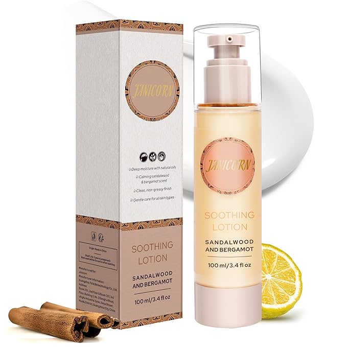 Sandalwood & Bergamot Aromatherapy Body & Massage Lotion – Lightweight, Hydrating Moisture with a Woody-Citrus Essential Oil Aroma for a Refreshing Self-Care Experience, 3.4 fl oz / 100 ml