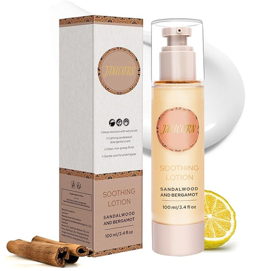 Sandalwood & Bergamot Aromatherapy Body & Massage Lotion – Lightweight, Hydrating Moisture with a Woody-Citrus Essential Oil Aroma for a Refreshing Self-Care Experience, 3.4 fl oz / 100 ml
