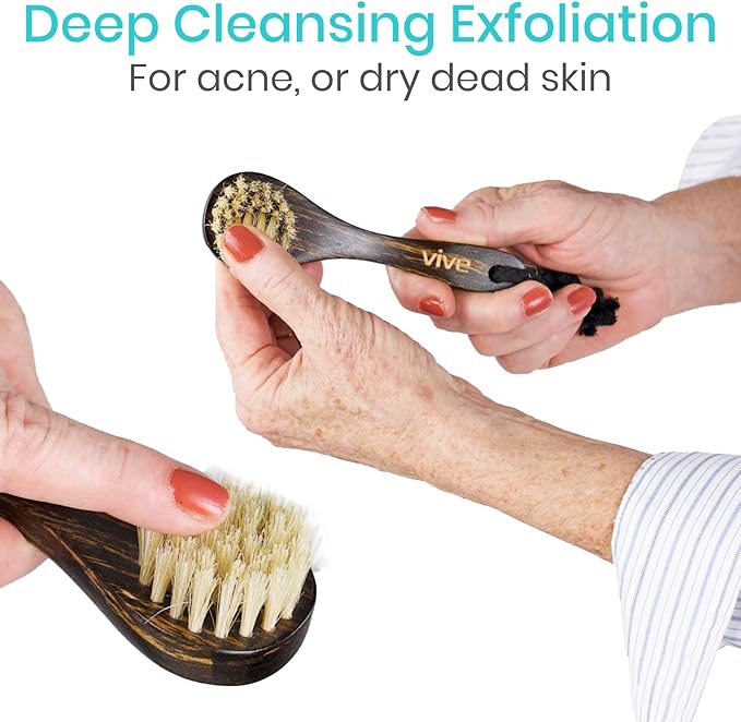 Vive Dry Brush Set for Lymphatic Drainage (3 Pieces) - Brushing Scrubber for Exfoliating, Body Cellulite and Skin Massage - 100% Natural Boar Hair Bristles, 14” Long Dark Wooden Handle w/Storage Bag