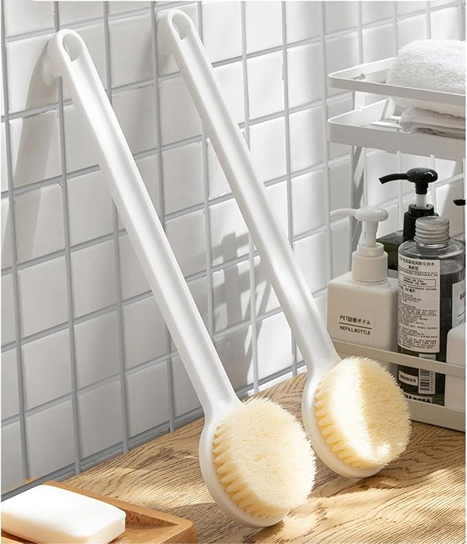 Long Handle Bath Body Brush, Back Scrubber with Soft Bristles for Exfoliating and Massage, Ergonomic, for Wet & Dry Use, Suitable for All Skin Types, 1 PCS, White