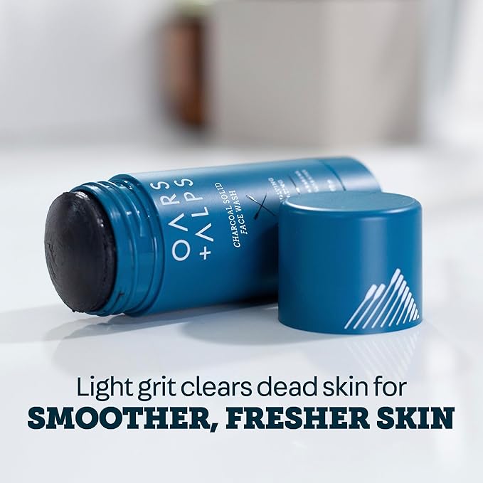 Oars + Alps Exfoliating Face Wash Stick, 2-in-1 Facial Cleanser & Face Exfoliant with Activated Charcoal, Alpine Moss, Dermatologist Tested, Spill Free, Travel Size, 1.2 Oz