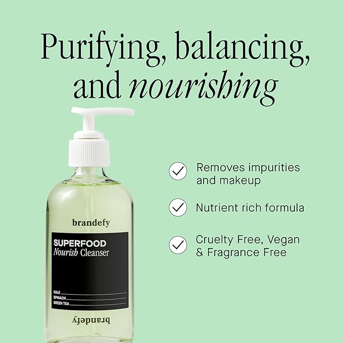 Brandefy Superfood Face Wash & No Needles Niacinamide Serum Duo - Cleanser w/Kale, Green Tea, Spinach, Vitamin C, E, K2 and Serum w/Hyaluronic Acid - Soft, Smooth, Firm & Dewy Skin