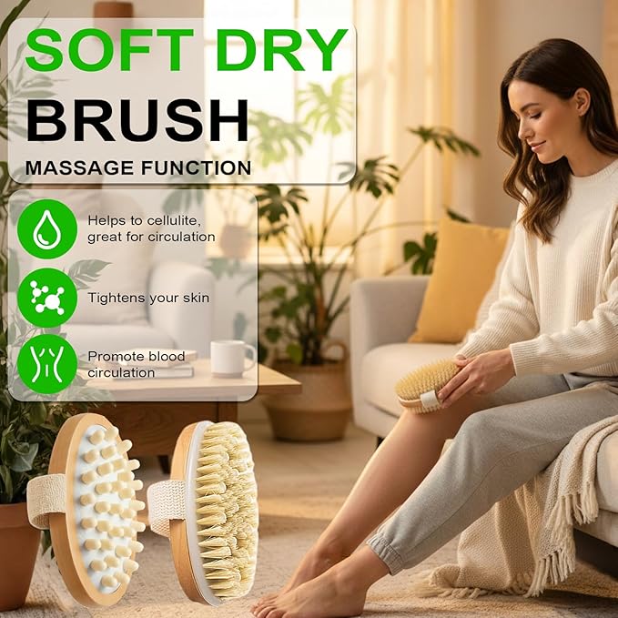 Premium Dry Brushing Body Brush Set, Natural Body Brush Wood Long Handle with Dual-Purpose Brush, Bullet Head Massager,Sisal Bath Bar,Stone Brush, Boar Bristle Face Cleansing Brush for A Glowing Skin