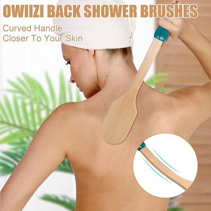 OWIIZI Back Scrubber for Shower Large Surface Body Scrub Brush Stiff Boar Bristles Wooden Curved Long Handle Antiskid Bath Brush for Wet or Dry Brushing