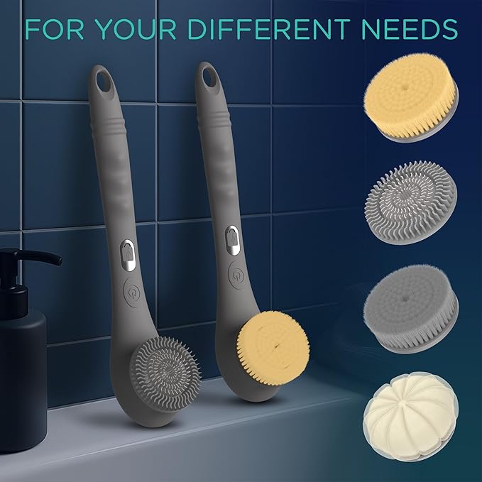 VOYOR Electric Body Brush Back Scrubber Silicone Body Scrubber Two-Way Rotating Brush Head for Deep Cleaning, Exfoliation, 4 Attachments Long Handle IPX6 Rechargeable Shower Brush BC300 (Grey)