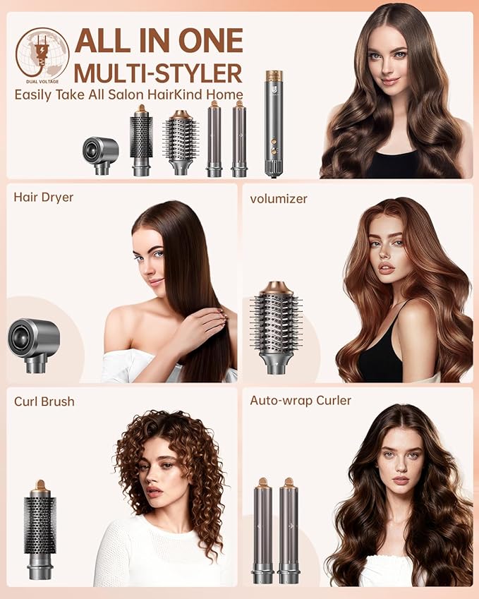 Hair Dryer Brush, webeauty 5 in 1 Professional Hot Air Styling, High-Speed Negative Ionic Hair Dryer Fast Drying, Multi Hair Styler with Air Curling Iron, Volumizing, Straightening (Grey Gold)