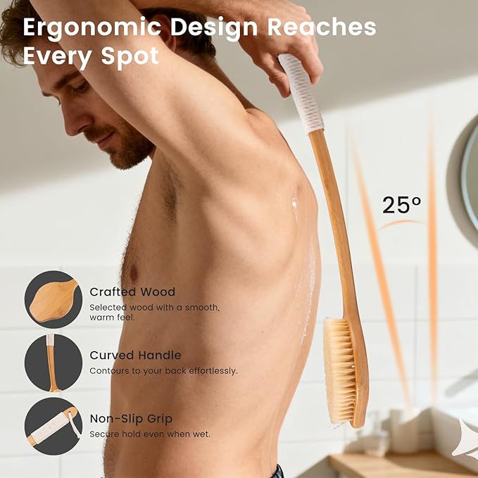 Bamboo Back Scrubber for Shower with Curved Long Handle - Stiff Natural Boar Bristles for Men and Women, Deep Cleansing and Exfoliating, Anti-Slip Grip for Wet or Dry Brushing