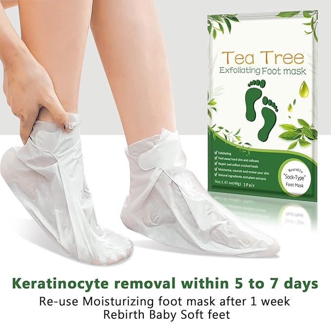 Foot Peeling Mask 5 Pack, Foot Mask Remove Dead Skin, Rough Callus and Cracked Heels, Dry Skin Moisturizer for Soft and Smooth Baby Touch Feet (Tea Tree)