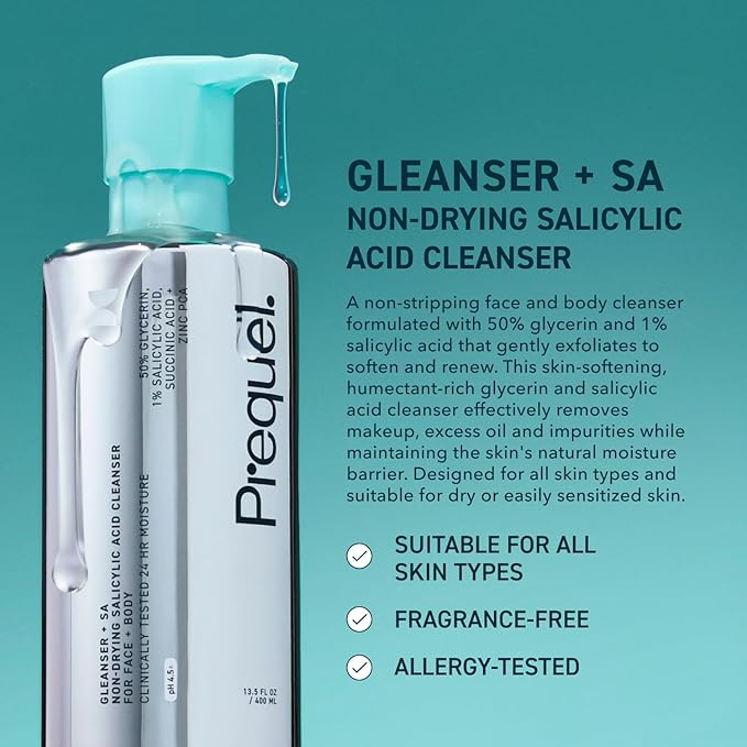Prequel Skin Gleanser SA, Moisturizing Glycerin Face Wash,1% Salicylic Acid Face Cleanser, Unscented and Combination Skin Face Soap, 13.5 fluid ounce (Pack of 2)