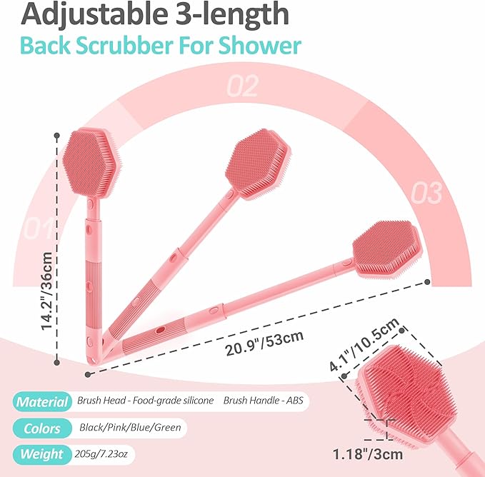 Silicone Back Scrubber for Shower, 16''-21''Extendable Shower Back Scrubber with Dual-Side Large Brush Head, 3-Length Back Brush Bath Brush with Strong Handle & Rich Foaming Bristles(Pink)