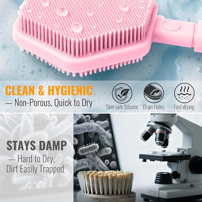 Silicone Back Scrubber for Shower – 21in Extendable Shower Brush with Long Handle – Dual-Sided Back Brush with Non-Slip Grip, Gentle Cleansing & Exfoliation for Men, Women, Elderly (Pink)