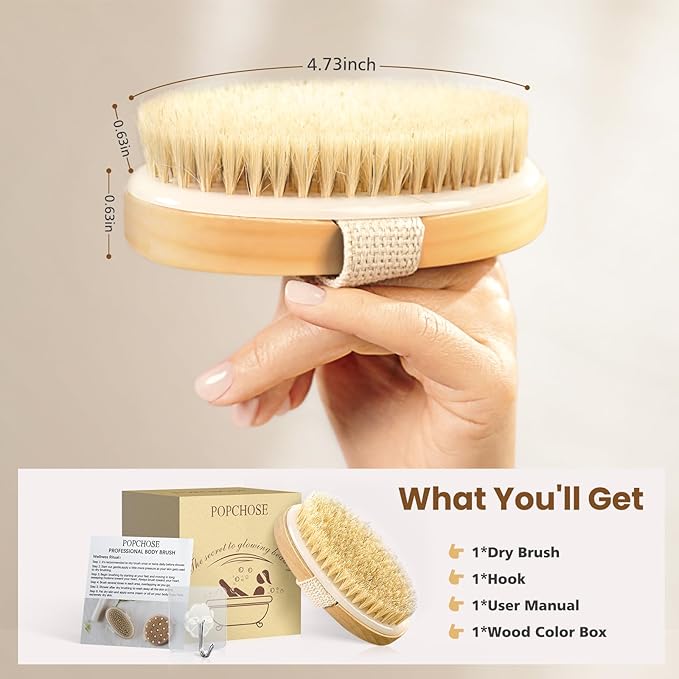 POPCHOSE Dry Brushing Body Brush, Natural Bristle Dry Skin Exfoliating Brush Body Scrub for Flawless Skin, Cellulite Reduction, Lymphatic Drainage and Blood Circulation Improvement