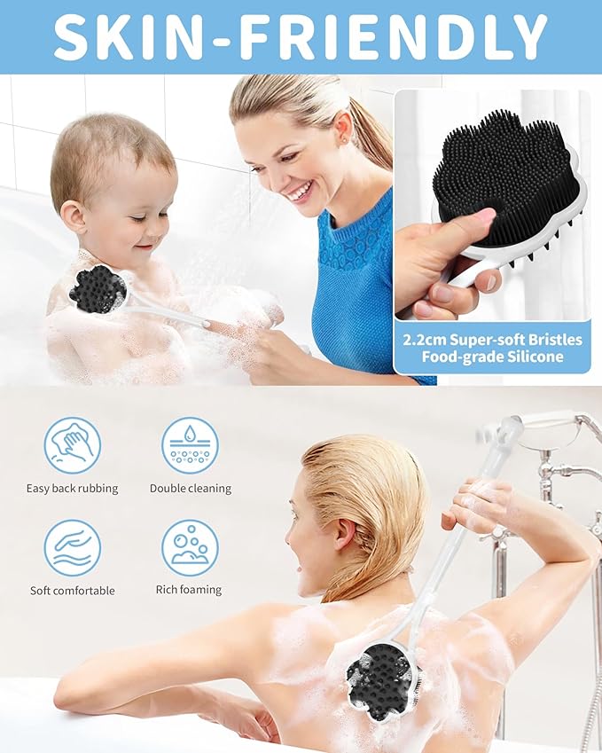 Manmihealth 15.7" Cute Silicone Back Scrubber with Long-Handle, Dual Use Back Brush for Shower with Super-Soft Silicone Bristles, Paw-Shaped Shower Body Scrubber for Sensitive Skin (Black)