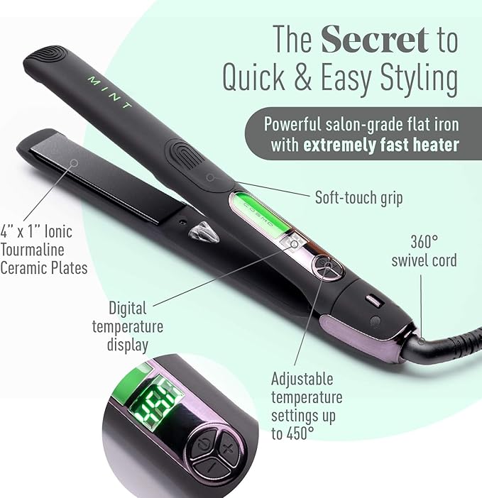 Professional Series Ultra-Smooth Cosmo Flat Iron for Thick Hair by MINT | Powerful Salon-Grade Single-Pass Ceramic Tourmaline Ionic Hair Straightener. Travel-Ready Dual Voltage