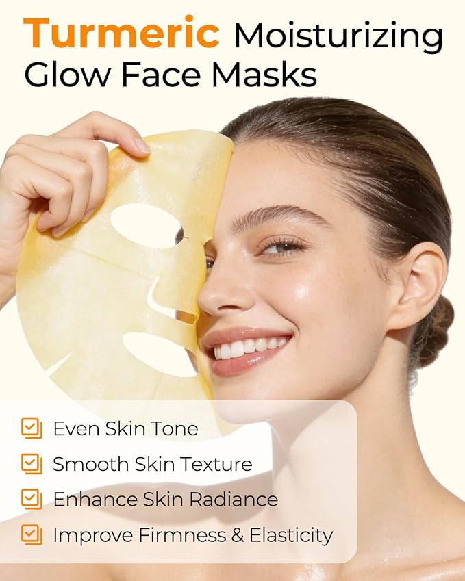 6 Sheet Masks Kojic Acid Turmeric Face Mask Even Skin Tone, Elasticity, Radiant, Moisturizing, Hydrating Face Masks for Dull Skin Facial Mask Controlling Oil and Refining Pores Facemask Skincare