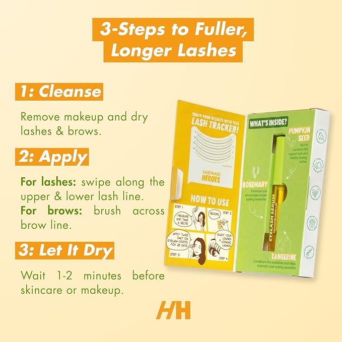 Handmade Heroes 100% Natural Eyelash Serum - Rosemary and Pumpkin Seed Oil for Fuller and Longer Looking Eyelashes, Lash Enhancing Serum for Natural Lashes, Extensions & Eyebrows