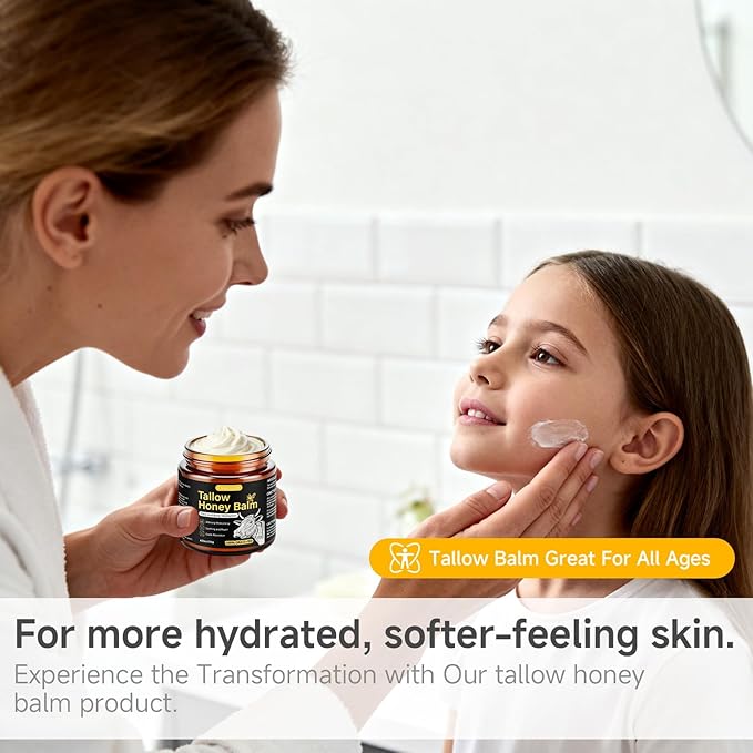 Beef Tallow Honey Balm for Skin,Face,Body - Handmade Whipped Cream Face Moisturizer with 100% Narural Organic Grass-Fed Beef Tallow & Raw Honey - Balm For Dry, Sensitive Skin - Unscented,4.23OZ