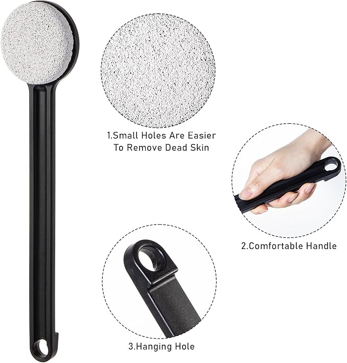 Pumice Stone for Feet with Long Handle 14", Hard Skin Callus Remover, Scrubber and Exfoliator for Dead Dry Skin, Softer & Smoother Feet, Pedicure Tool (Straight) Black