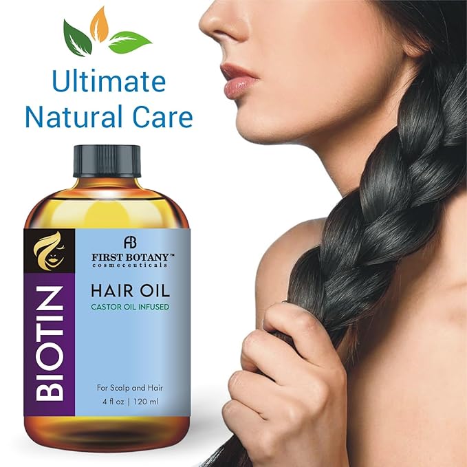 First Botany Biotin Castor Oil Encourages Hair Growth, Scalp & Hair Strengthening Serum, Nourishing Treatment for Split Ends, Dry Scalp, Safe for All Hair Types, 4 fl oz