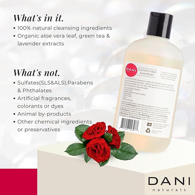 DANI Naturals Shampoo - Citrus Rose Scent is a sulfate-free, vegan, and organic shampoo that deeply moisturizes and nourishes all hair types, including color-treated hair