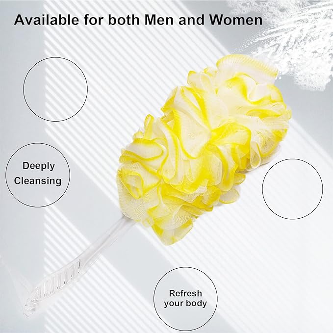 PPHAO - Back Bath Brush - Long Handle Shower Scrubber - Yellow Loofah Exfoliating Body Scrubber for Men and Women - 1 Pack