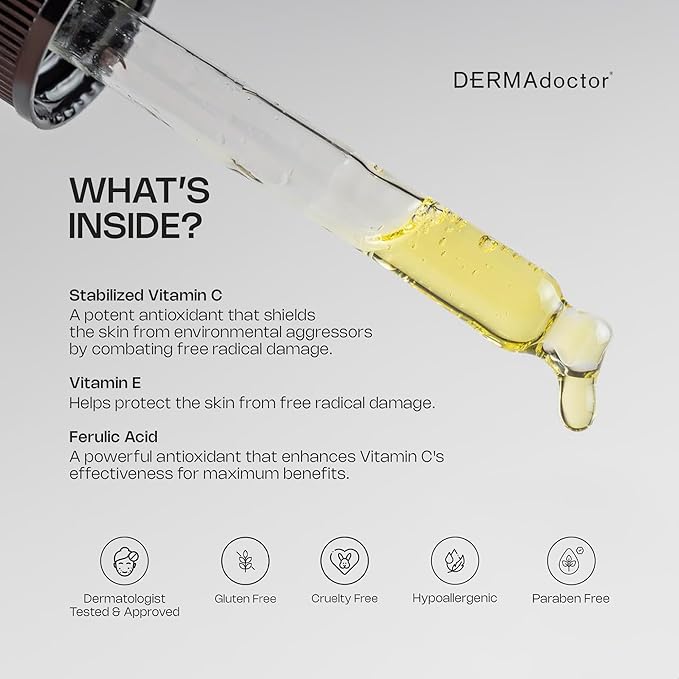 DERMAdoctor Vitamin C Serum For Face 20% Vitamin C, Vitamin-E, Ferulic Acid, Ascorbic Acid Concentrated Dermatologist-Formulated Anti Aging Face Serum, Hydrating & Discoloration - 1.0 fl oz