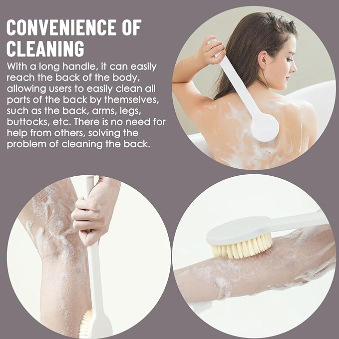 Long Handle Bath Body Brush, Back Scrubber with Soft Bristles for Exfoliating and Massage, Ergonomic, for Wet & Dry Use, Suitable for All Skin Types, 1 PCS, White