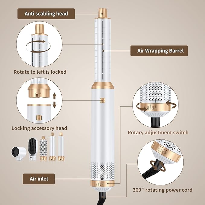 Blow Dryer Brush 5 in 1, Upgrade Hair Dryer Brush Air Curler Air Curling Wrap Styler, Detachable Hot Air Brush Negative Ion Curling Brush Iron, Hair Styling Tools for Drying Curling Straightening