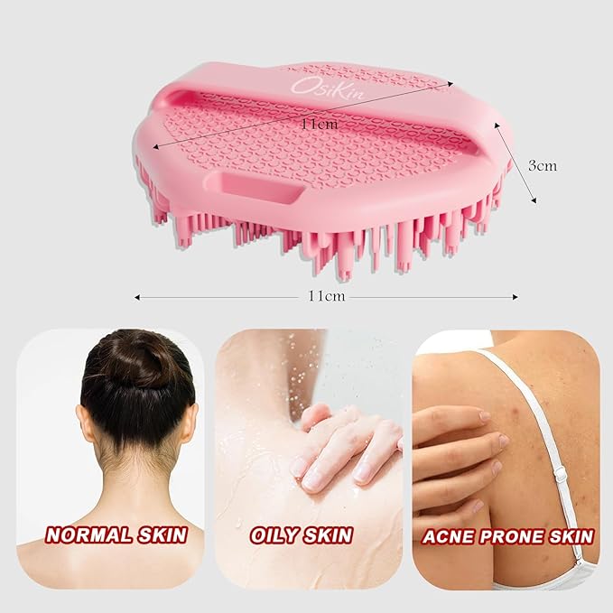 Silicone Body Scrubber Shower Brush, Exfoliating Body Wash Scrubbers for All Skin Types, Ergonomic No-Slip Handle, Exfoliation & Gentle Massage,Body Brush for Showering with Hanging Hole (Pink)