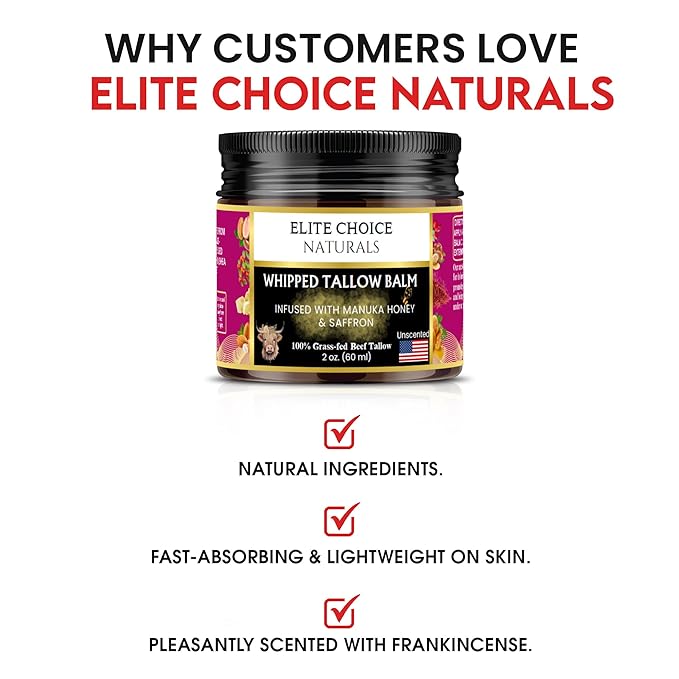 Whipped Tallow Honey Balm – Grass-Fed Beef Tallow infused with Manuka Honey, Rosehip, Jojoba & Almond Oils – No Essential Oils, Nourishing Face, Neck & Body Lotion, 100% Organic (Unscented - 2 oz)