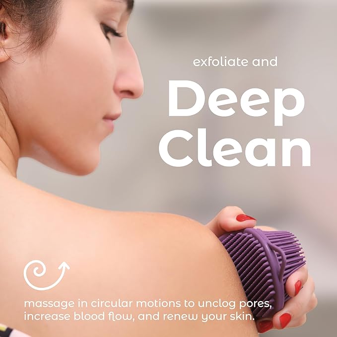 MainBasics Silicone Body Scrubber – Dual-Sided Shower Exfoliator for Men & Women, Gentle Silicone Loofah Alternative for Deep Clean (Purple, Exfoliate)