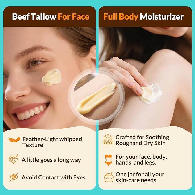 Beef Tallow for Skin - 100% Grass Fed - Whipped Tallow and Honey Balm，Moisturizer Cream for Face & Body -Natural Organic Formula for Dry & Sensitive Skin (Citrus Breeze) (4 oz)