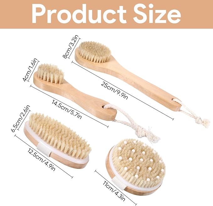 4Pcs Dry Brushing Body Brush Set, Dry Brush Natural Bristle for Back Massage Lipedema Shower Lymphatic Drainage and Cellulite Treatment Improve Blood Circulation, Bath Scrubber for Body