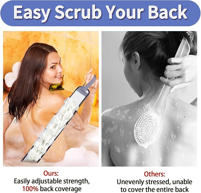 Deep Exfoliating Mitt 2PCS: Double-Sided Glove for Shower, with Long Exfoliating Shower Towel - Extreme Body & Back Scrubber Exfoliator, Body Massage Scrub & Bath Shower Loofah Washcloth (Blue)