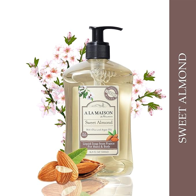 A LA MAISON French Liquid Hand Soap, Almond - Natural Hand Wash Made with Essential Oils - Biodegradable, Plant-Based, Vegan, Cruelty-Free, Alcohol & Paraben Free (16.9 oz, 6 Pack)