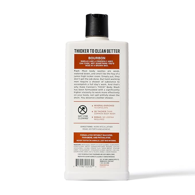 Duke Cannon Supply Co. Thick High Viscosity Body Wash - 3X Thicker, Plant-Based, Mineral-Enriched Body Wash for Men - Mens Body Scrub - Sawtooth, Bourbon, Midnight Swim & Superior