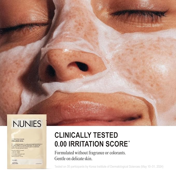 NUNIES Hydrating Sheet Mask – Korean Moisturizing Face Mask for Dry & Sensitive Skin | 10-Layer Hyaluronic Acid, Trehalose & Allantoin | Glow, pH-Balanced | Fragrance-Free, Colorant-Free | 5 Sheets