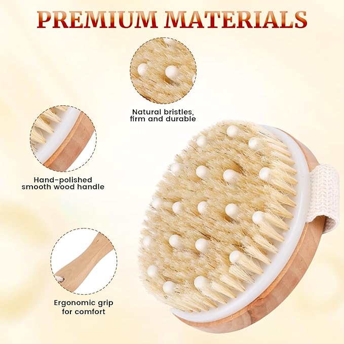 Dry Brush Set-4 Packs Natural Boar Bristle Dry Brushing Body Brush Exfoliating, Face, Foot, Bath Brush for Face and Body for Cellulite Lymphatic Drainage(Set A)