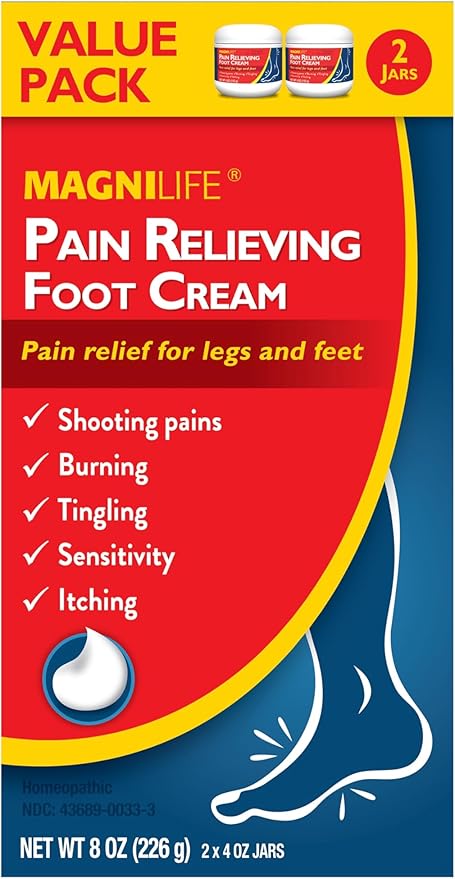MagniLife Pain Relieving Foot Cream, 2 x 4 oz Jars, Soothing Relief for Soreness, Pain, Burning, Tingling, Itching or Sensitivity in Feet & Legs, Moisturizing & Hydrating Foot Cream, No Petroleum