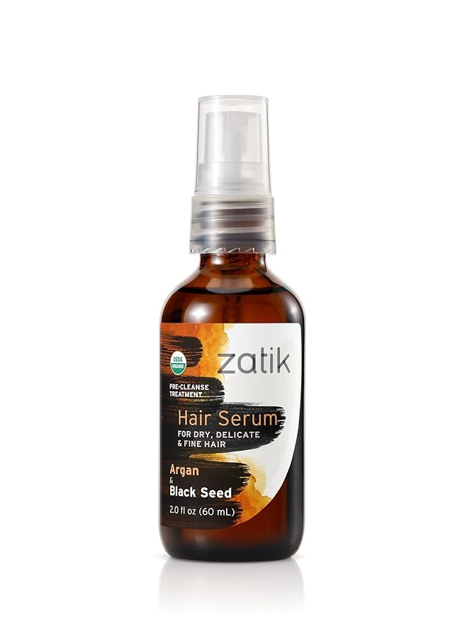 Zatik Naturals - Hair Serum with Argan & Black Seed Organic Oil Blend, For Curl enhancing and fine hair, Vegan, Non-GMO, Free of Gluten, Soy, Alcohol - pH Balanced, Biodegradable, 2.0 fl oz, 60ml